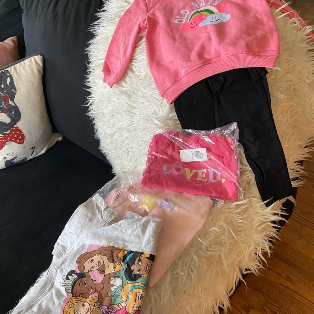 Old Navy Pink Sweatshirt and Black Pants Set and Disney tee shirts.